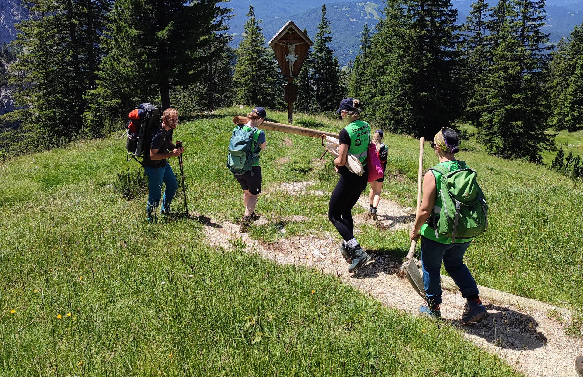 Wegbereitung: Menschen tragen gemeinsam einen Baumstamm über eine Wiese | © DAV